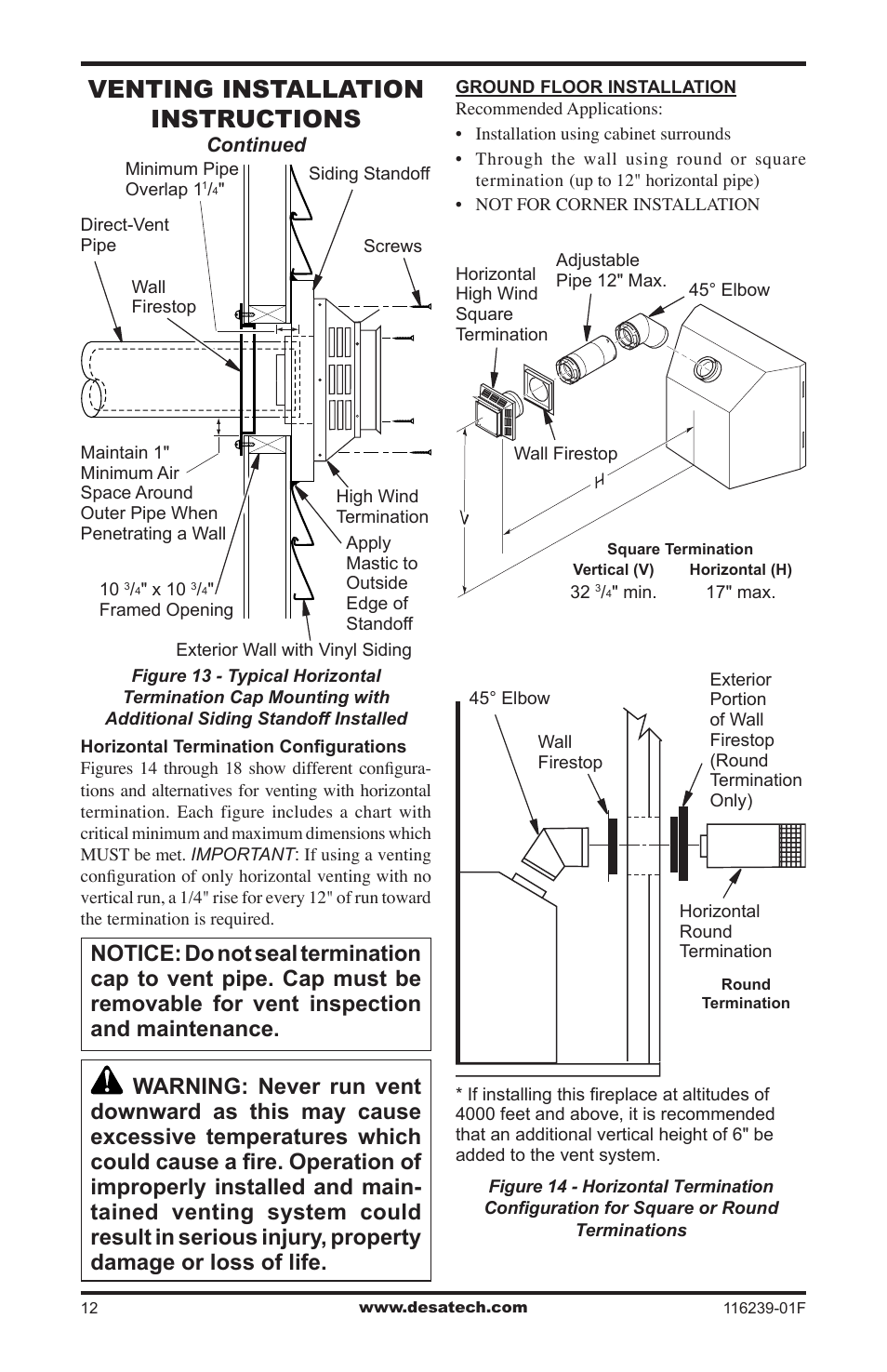 Venting installation instructions | Desa KC42N User Manual | Page 12 / 44