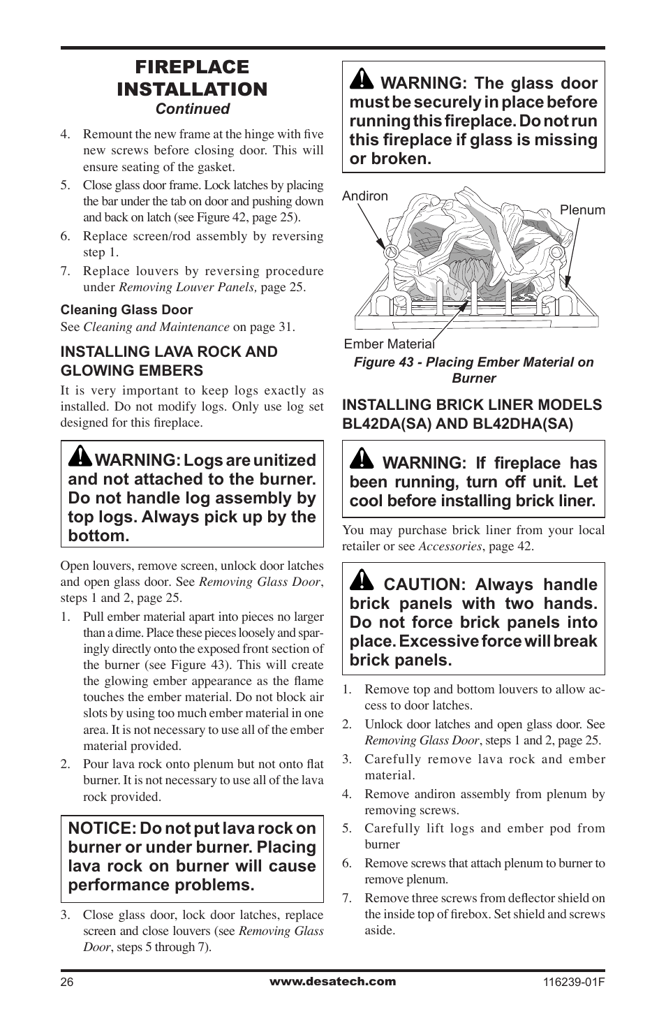 Fireplace installation | Desa KC42N User Manual | Page 26 / 44