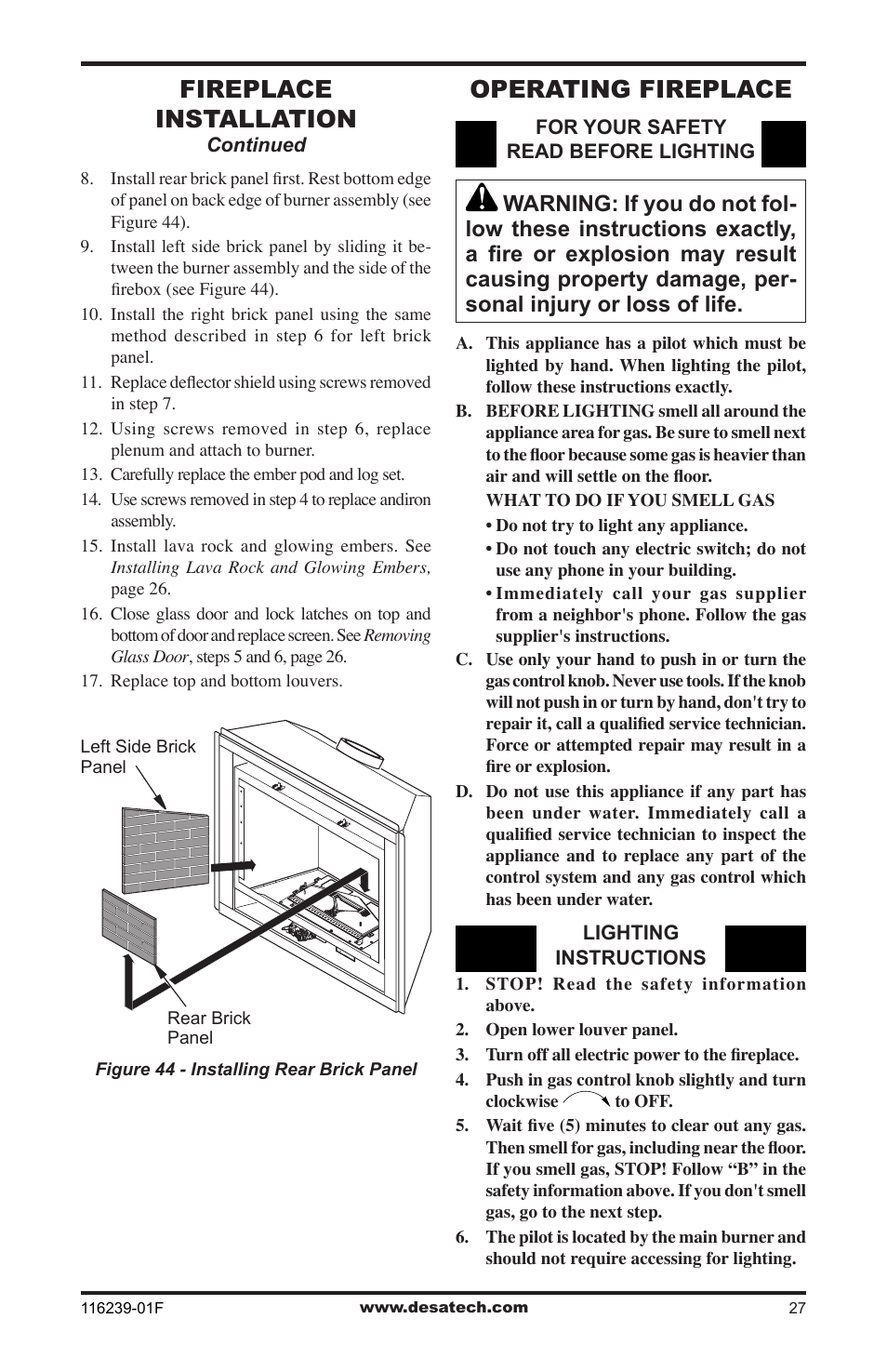 Operating fireplace, Fireplace installation | Desa KC42N User Manual | Page 27 / 44