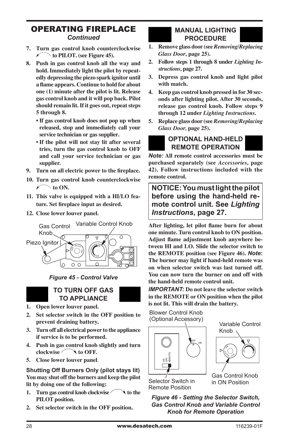 Operating fireplace, Continued, Manual lighting procedure | Optional hand-held remote operation | Desa KC42N User Manual | Page 28 / 44