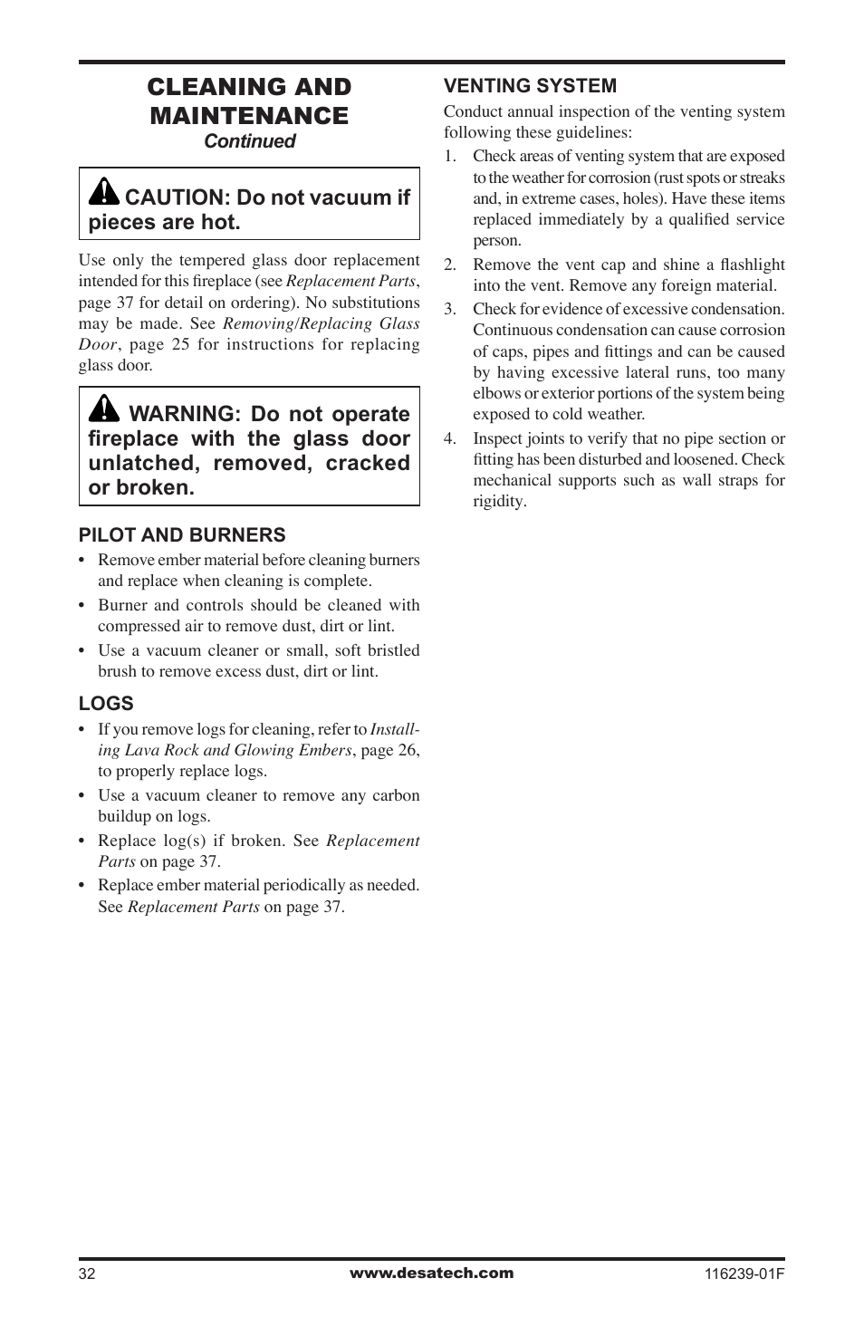Cleaning and maintenance, Caution: do not vacuum if pieces are hot | Desa KC42N User Manual | Page 32 / 44