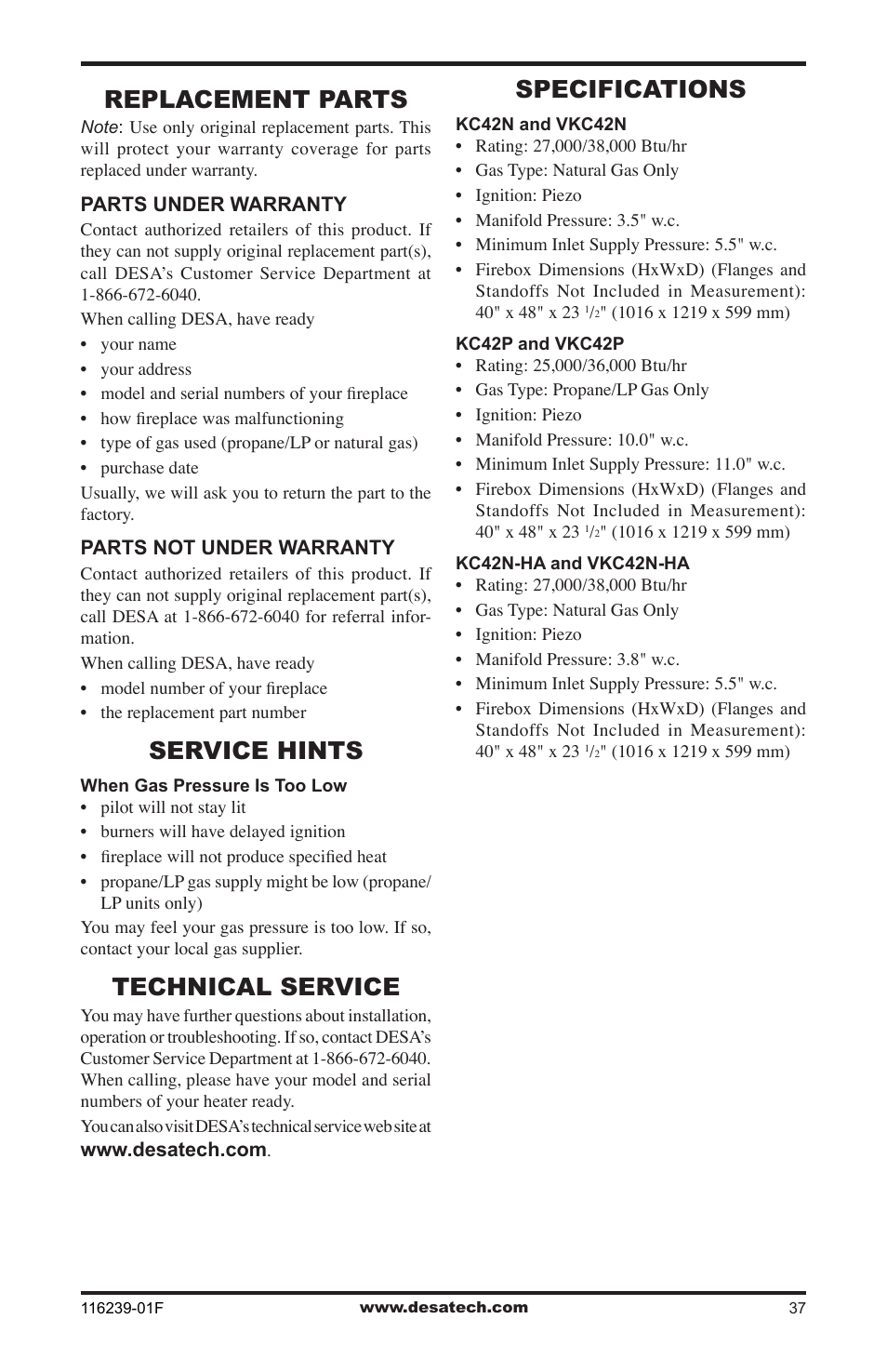 Replacement parts, Service hints, Technical service | Specifications | Desa KC42N User Manual | Page 37 / 44