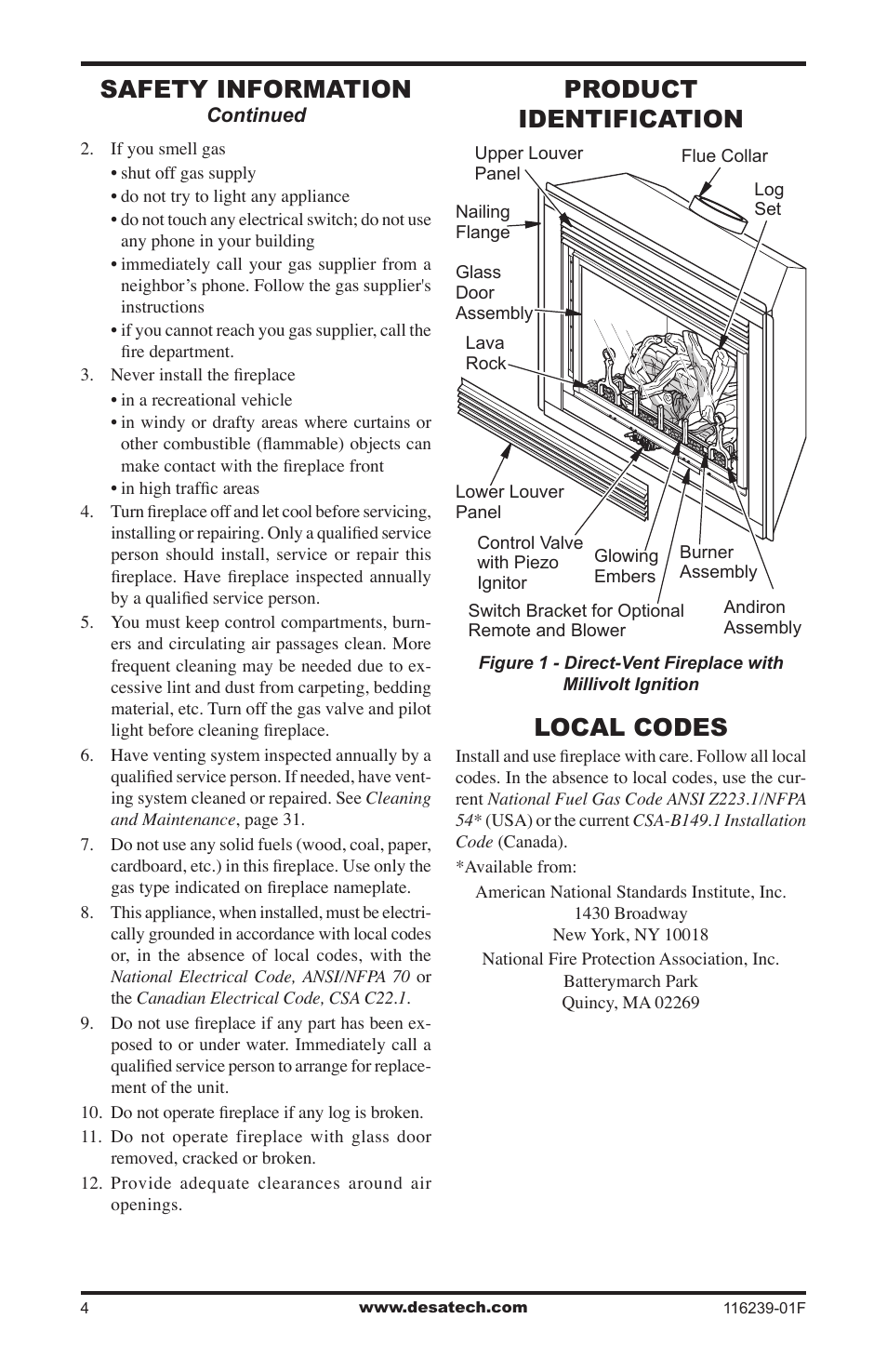 Product identification, Local codes, Safety information | Desa KC42N User Manual | Page 4 / 44