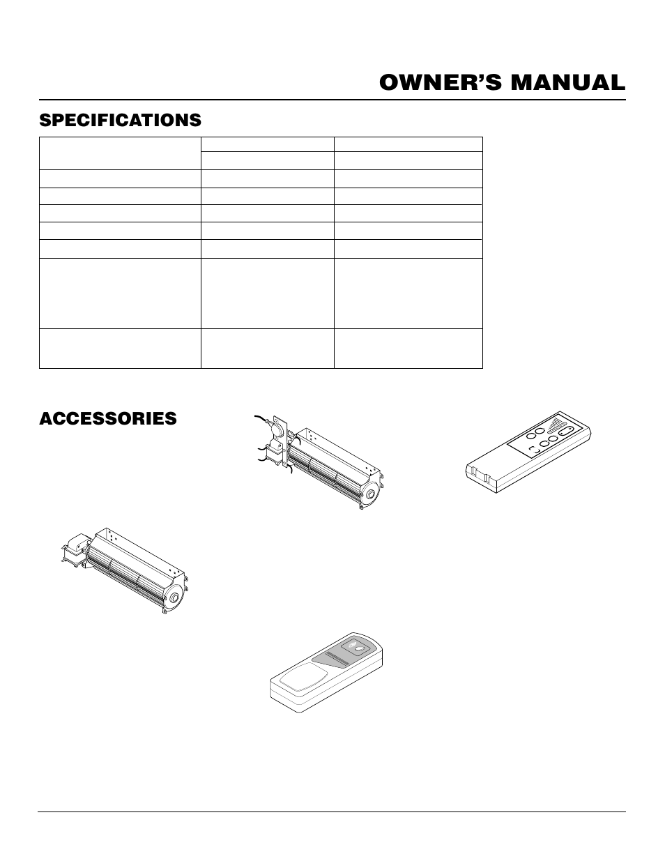 Owner’s manual, Specifications, Accessories | Manual blower kit ga3750, Thermostatically- controlled blower kit cda3620t | Desa CDVBN(A) User Manual | Page 31 / 36