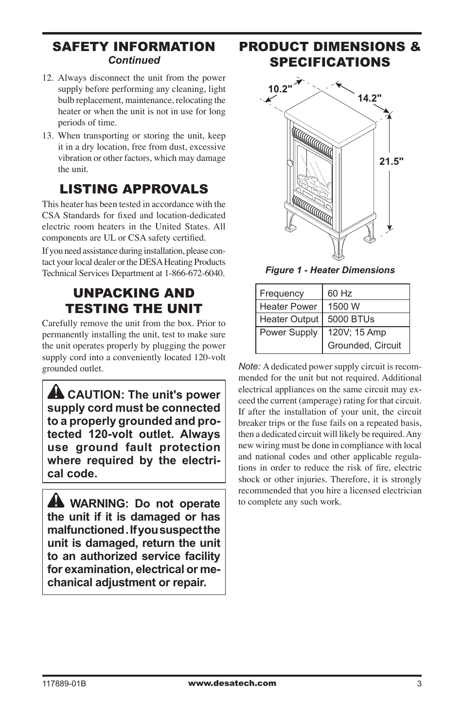 Listing approvals, Unpacking and testing the unit, Product dimensions & specifications | Safety information | Desa CGESS User Manual | Page 3 / 8