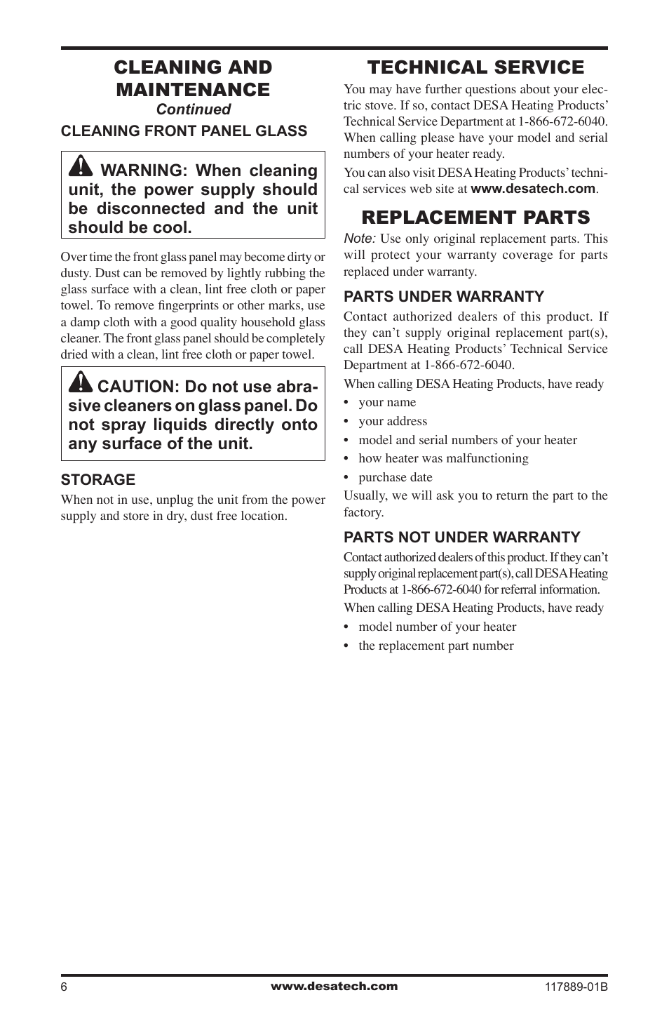 Technical service, Replacement parts, Cleaning and maintenance | Desa CGESS User Manual | Page 6 / 8