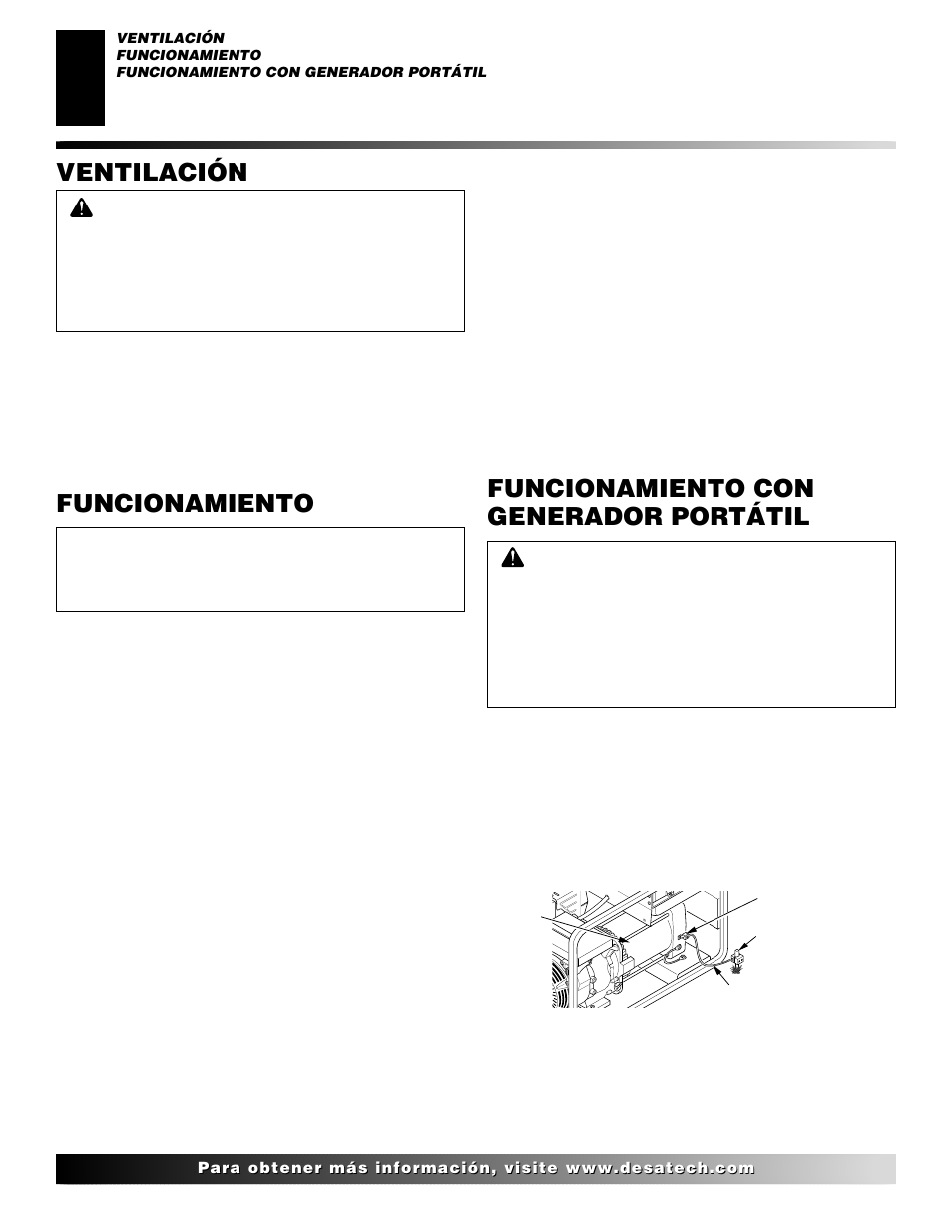 Funcionamiento con generador portátil, Ventilación, Funcionamiento | Desa H.S.I. User Manual | Page 24 / 40