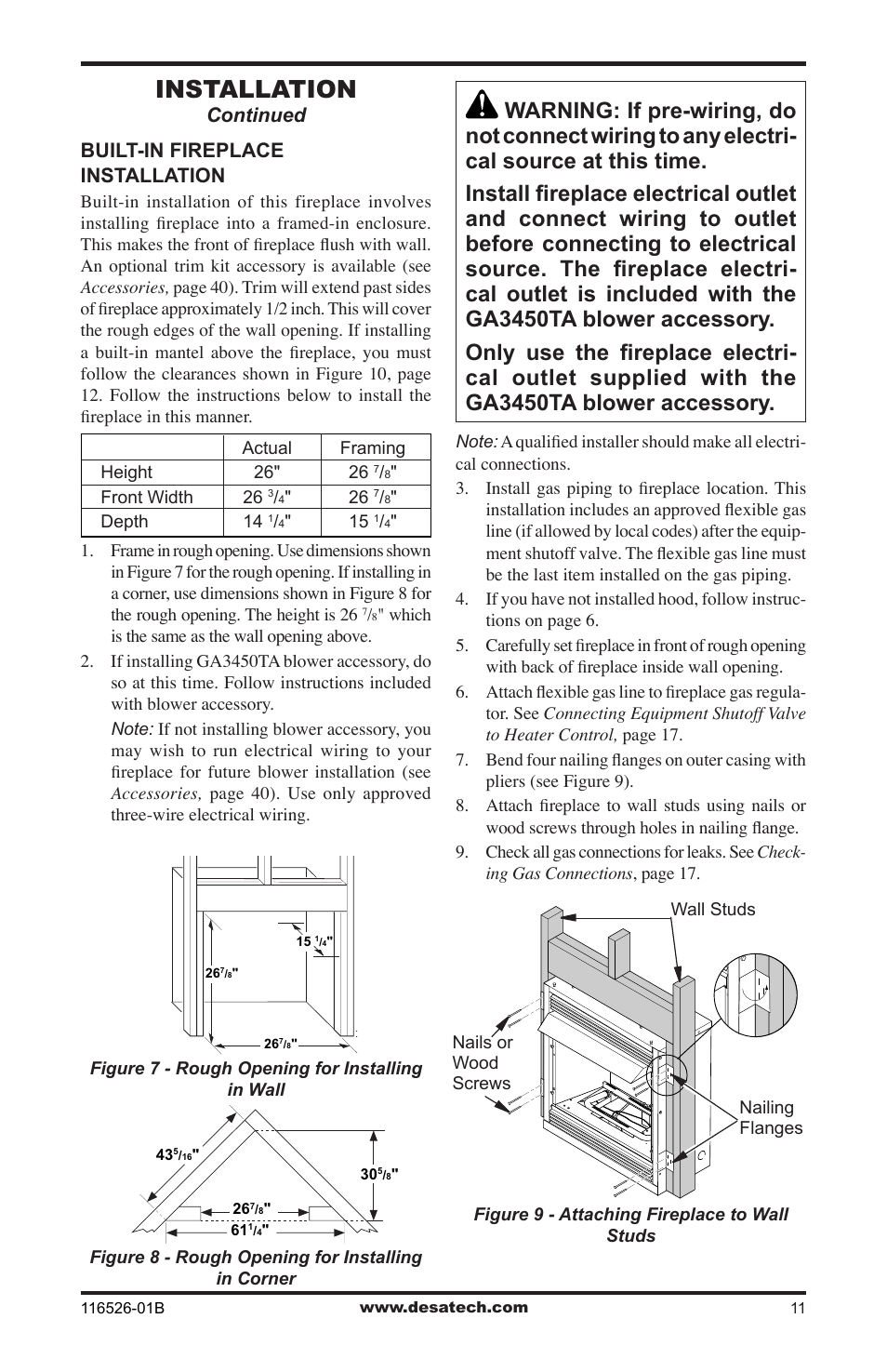 Installation, Continued built-in fireplace installation | Desa VDCFTNB User Manual | Page 11 / 44