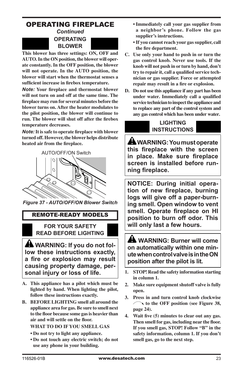 Operating fireplace | Desa VDCFTNB User Manual | Page 23 / 44