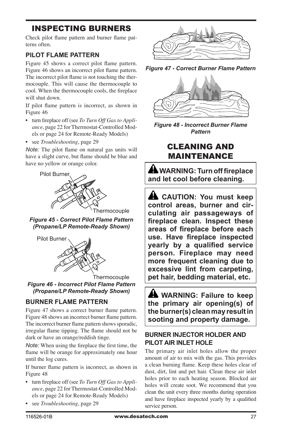 Inspecting burners, Cleaning and maintenance | Desa VDCFTNB User Manual | Page 27 / 44