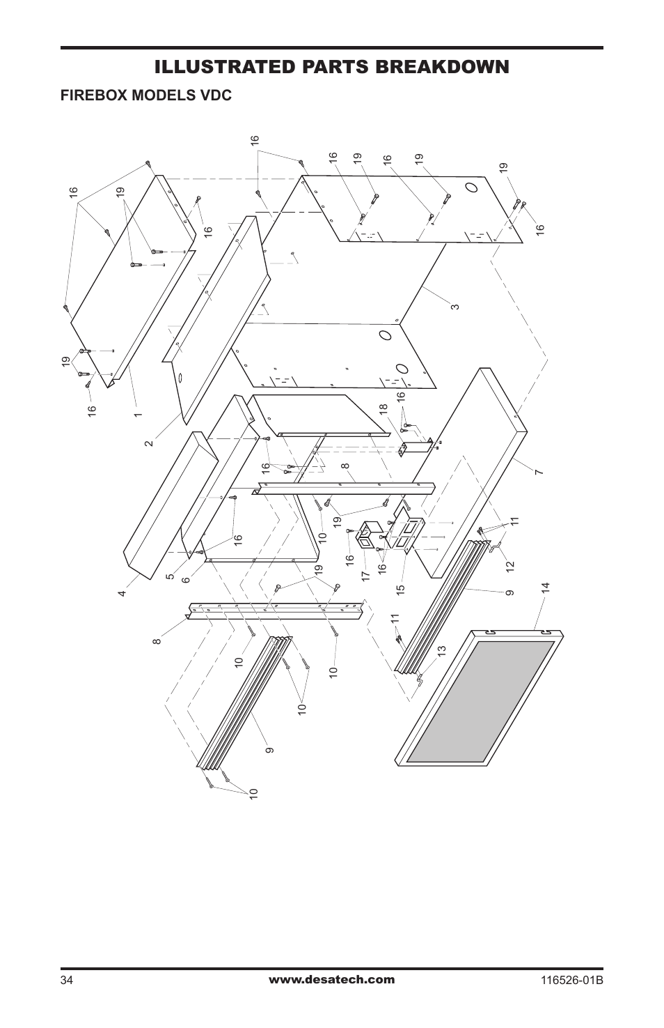 Illustrated parts breakdown and parts list, Illustrated parts breakdown, Firebox models vdc | Desa VDCFTNB User Manual | Page 34 / 44