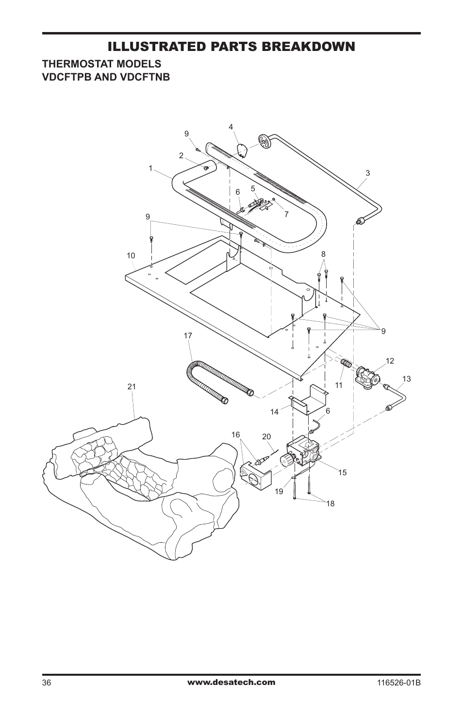 Illustrated parts breakdown, Thermostat models vdcftpb and vdcftnb | Desa VDCFTNB User Manual | Page 36 / 44