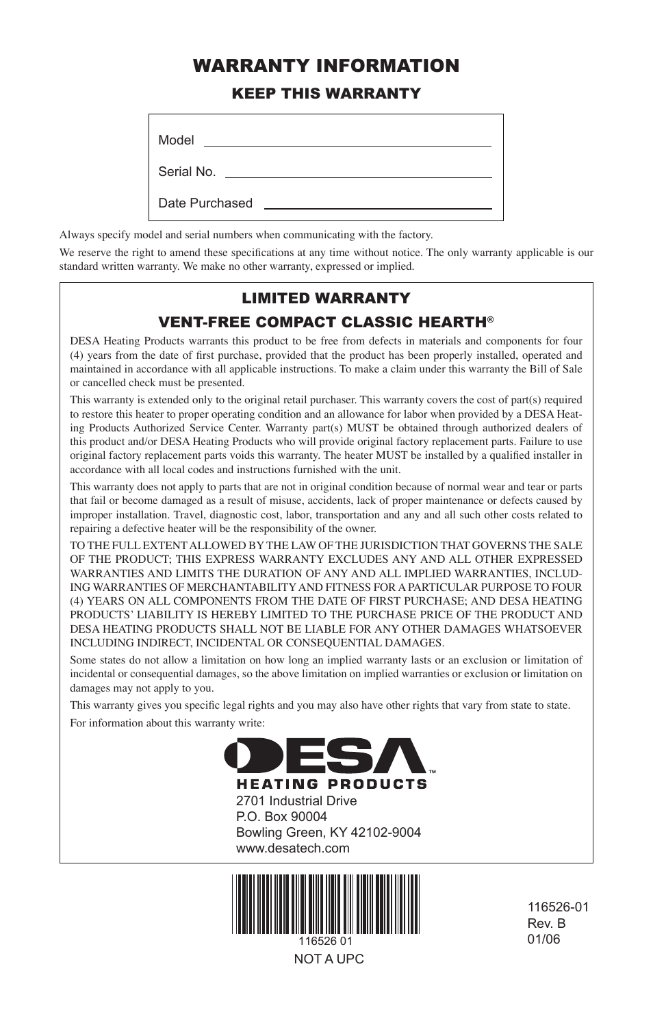 Warranty information, Limited warranty vent-free compact classic hearth, Keep this warranty | Desa VDCFTNB User Manual | Page 44 / 44