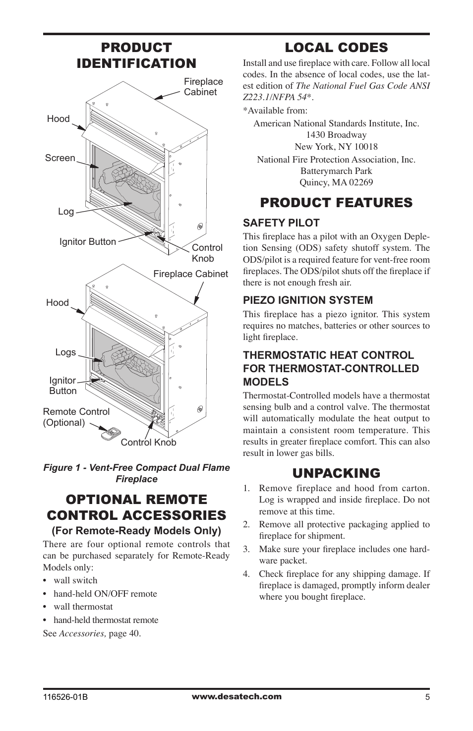 Product identification, Optional remote control accessories, Local codes | Product features, Unpacking | Desa VDCFTNB User Manual | Page 5 / 44
