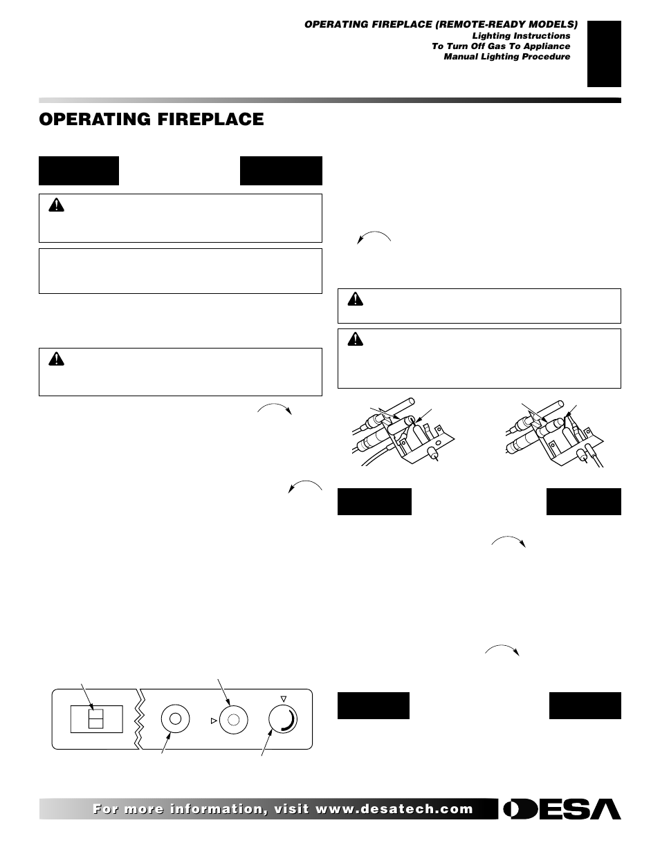 Operating fireplace, Continued, Lighting instructions | Manual lighting procedure | Desa and EFS26NR User Manual | Page 25 / 44