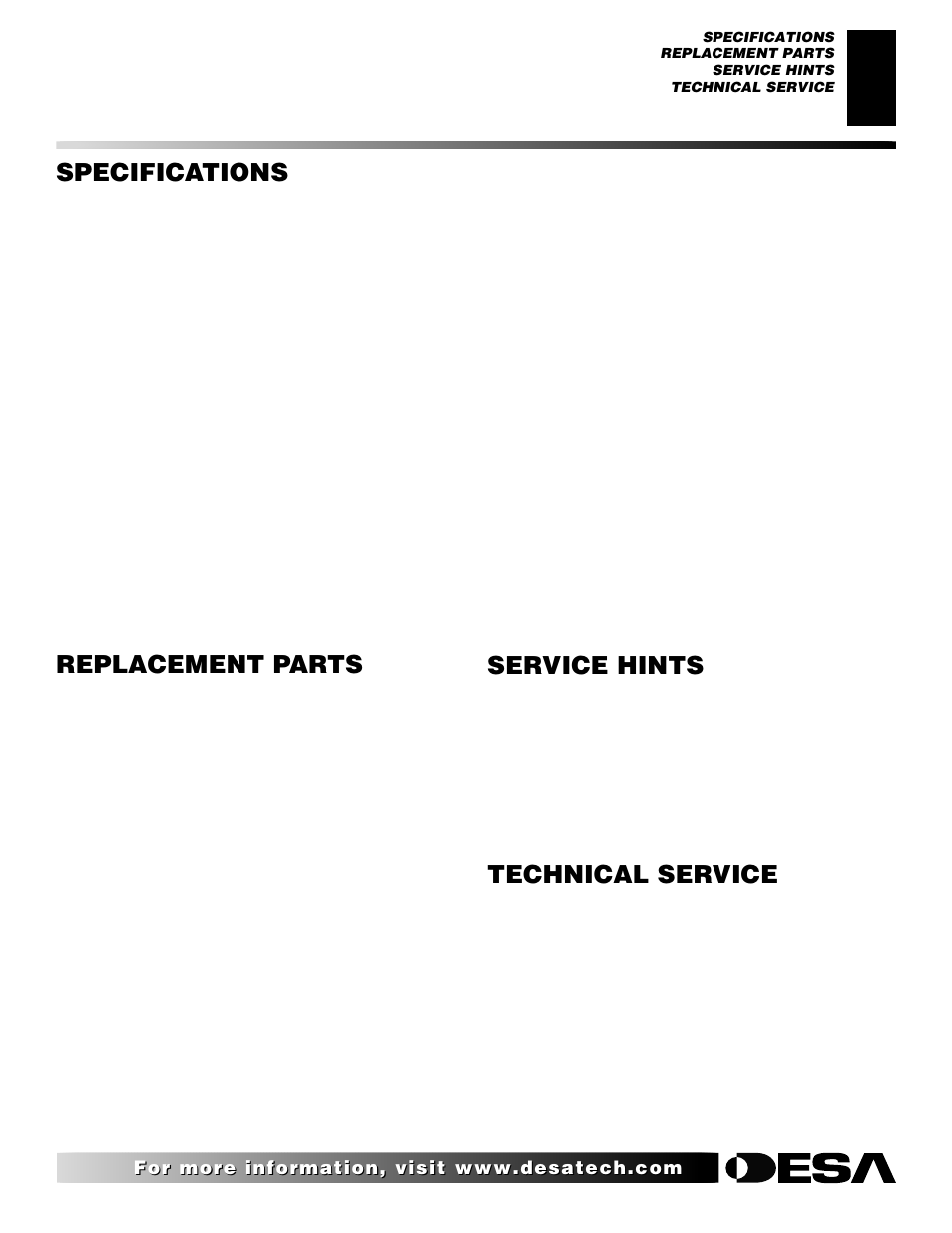 Specifications service hints, Technical service, Replacement parts | Parts under warranty, Parts not under warranty | Desa and EFS26NR User Manual | Page 33 / 44