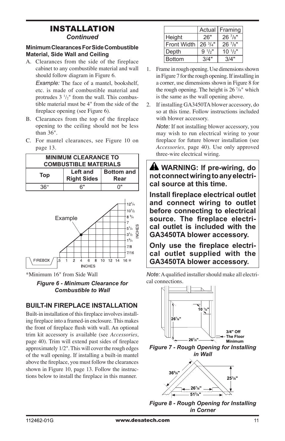 Installation, Continued, Built-in fireplace installation | Desa EFS10TNA User Manual | Page 11 / 44