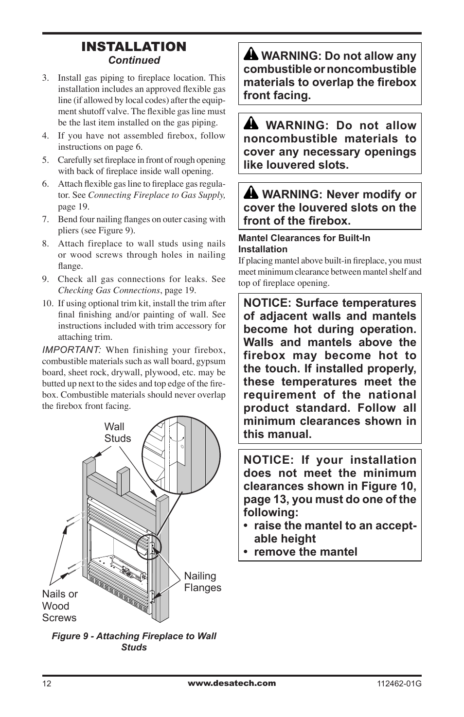 Installation | Desa EFS10TNA User Manual | Page 12 / 44
