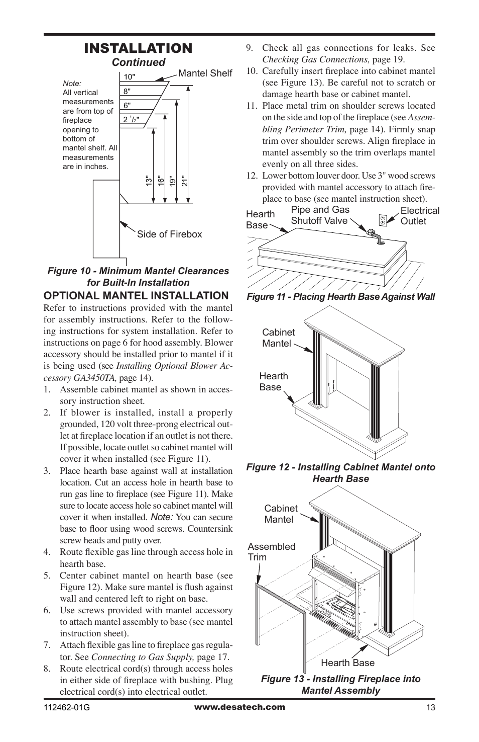 Installation, Continued optional mantel installation | Desa EFS10TNA User Manual | Page 13 / 44