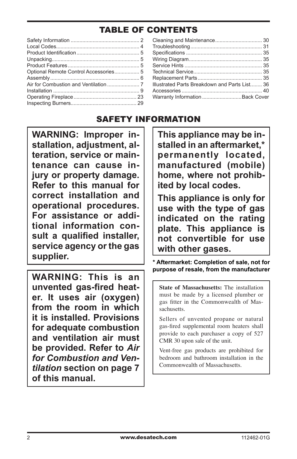Safety information, Safety information table of contents | Desa EFS10TNA User Manual | Page 2 / 44