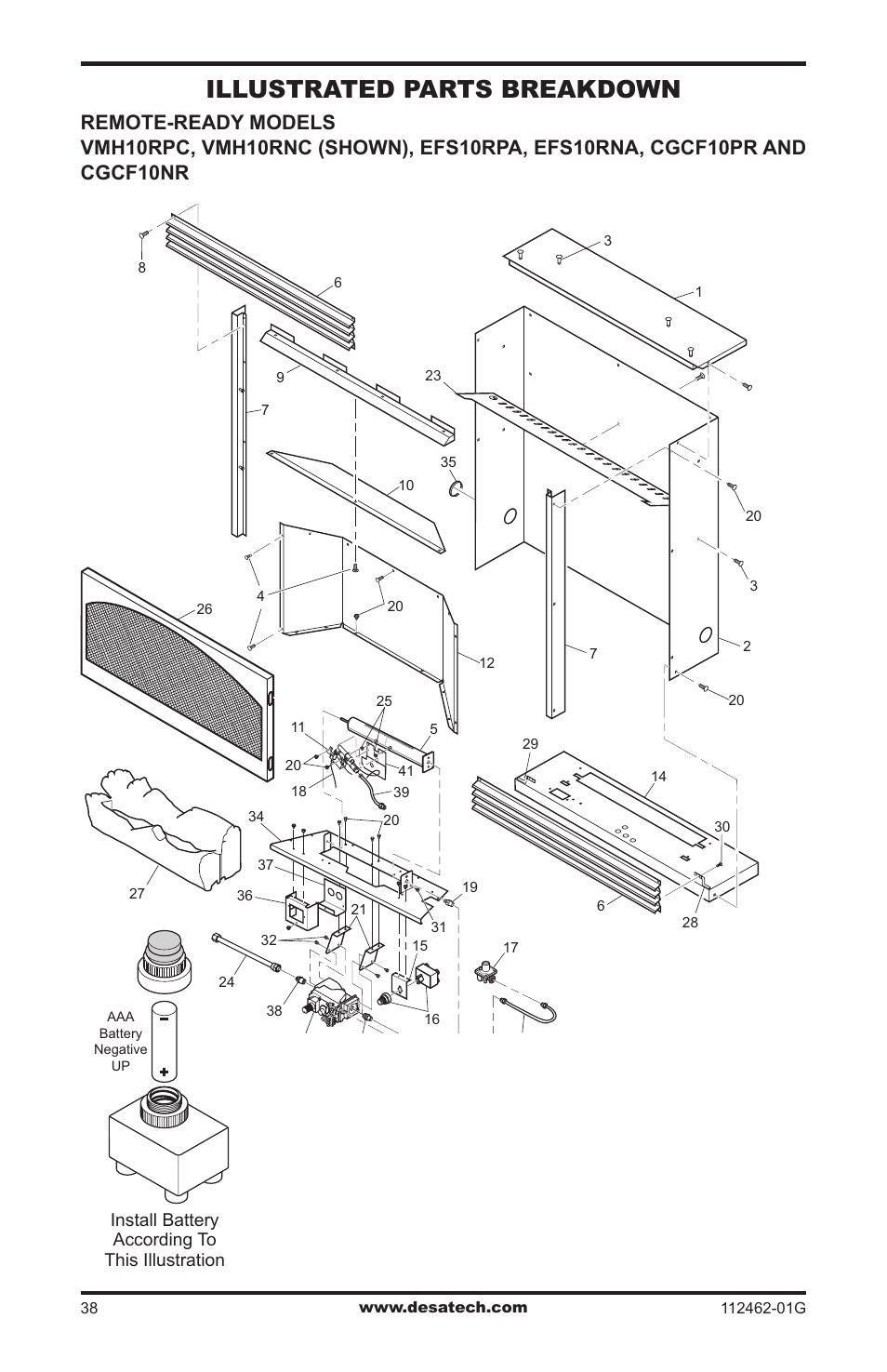 Illustrated parts breakdown, Install battery according to this illustration | Desa EFS10TNA User Manual | Page 38 / 44