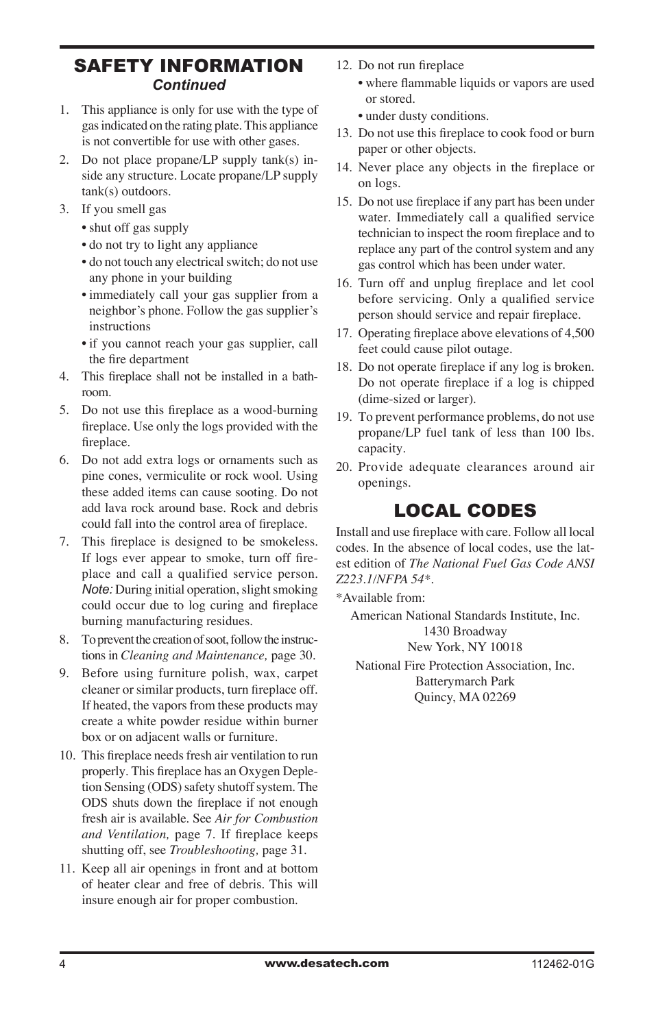 Local codes, Safety information | Desa EFS10TNA User Manual | Page 4 / 44
