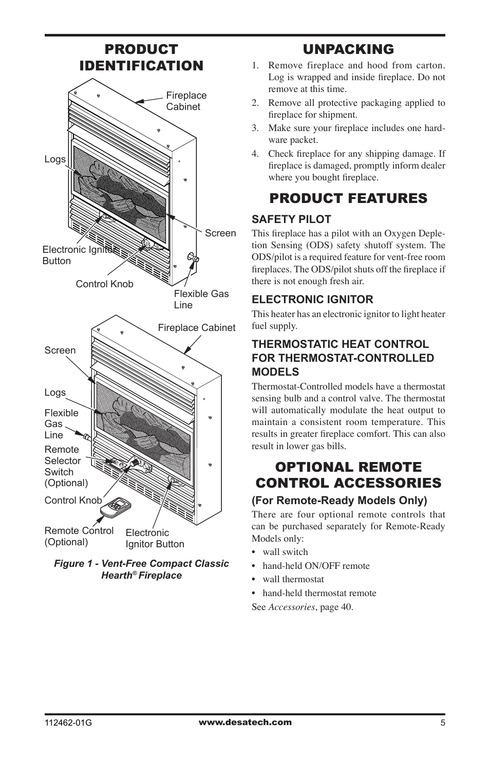 Product identification, Unpacking, Product features | Optional remote control accessories | Desa EFS10TNA User Manual | Page 5 / 44