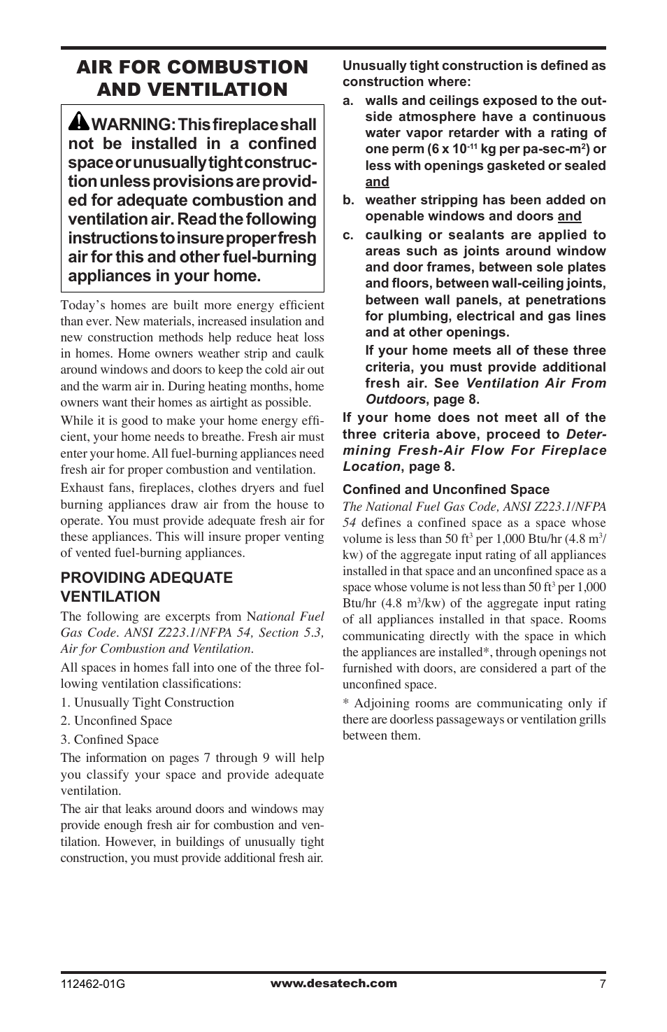 Air for combustion and ventilation | Desa EFS10TNA User Manual | Page 7 / 44