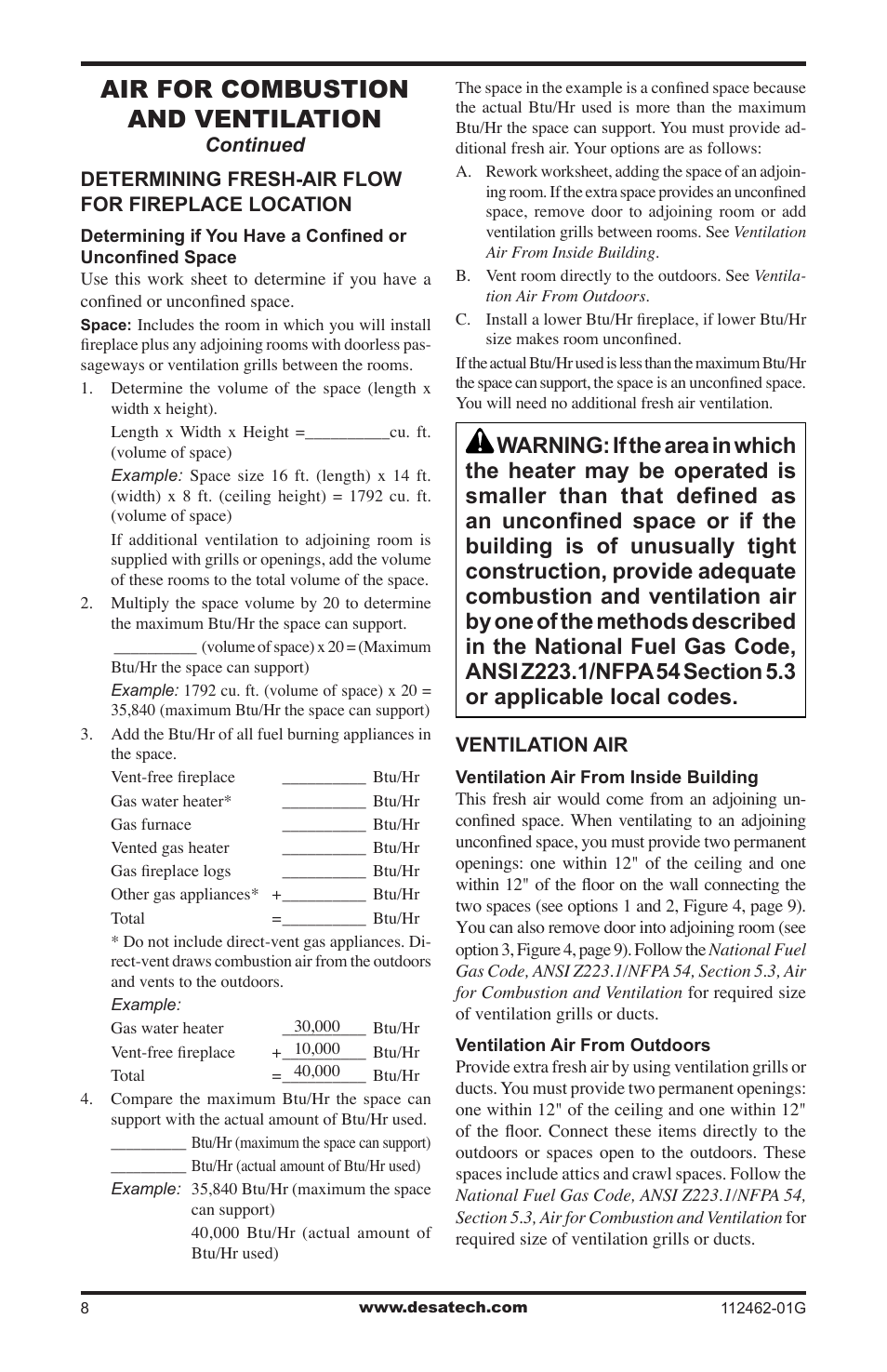 Air for combustion and ventilation | Desa EFS10TNA User Manual | Page 8 / 44