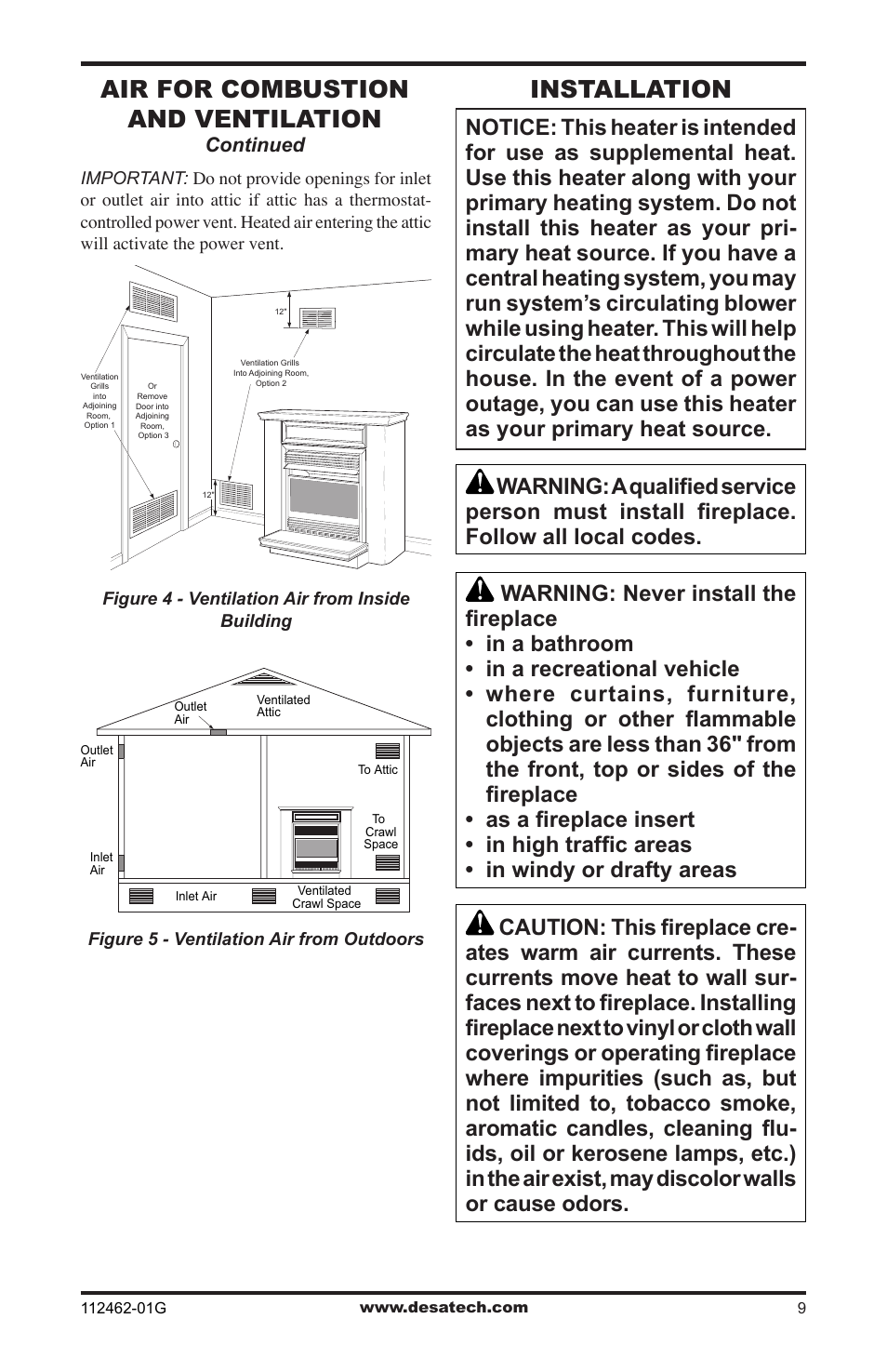 Installation, Air for combustion and ventilation | Desa EFS10TNA User Manual | Page 9 / 44