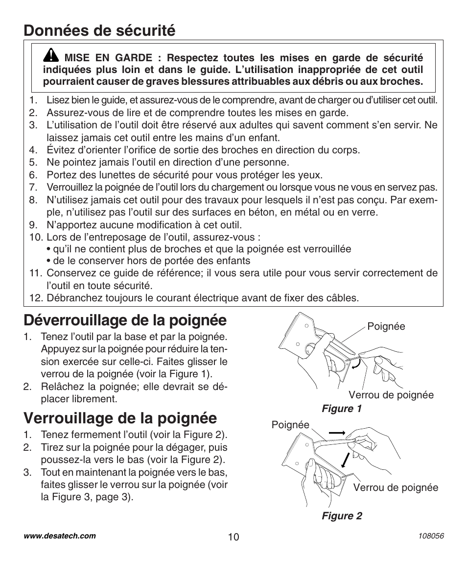 Données de sécurité déverrouillage de la poignée, Verrouillage de la poignée | Desa 1214NM User Manual | Page 10 / 12