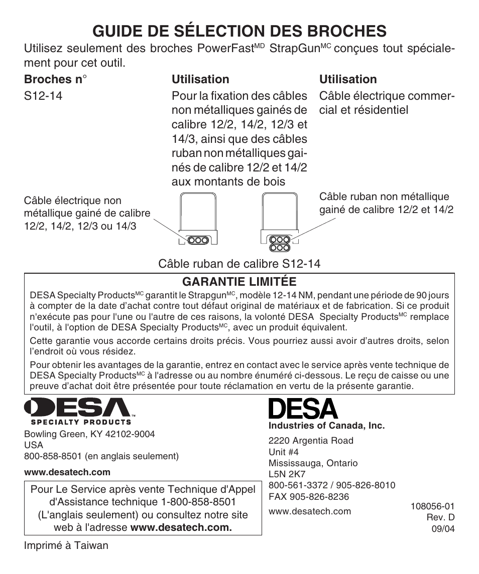 Guide de sélection des broches, Garantie limitée, Utilisez seulement des broches powerfast | Strapgun | Desa 1214NM User Manual | Page 12 / 12