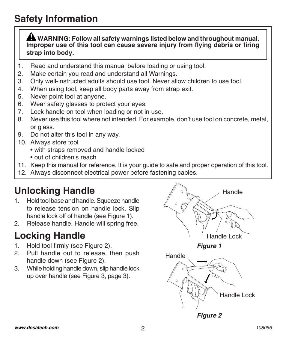 Safety information, Unlocking handle, Locking handle | Desa 1214NM User Manual | Page 2 / 12