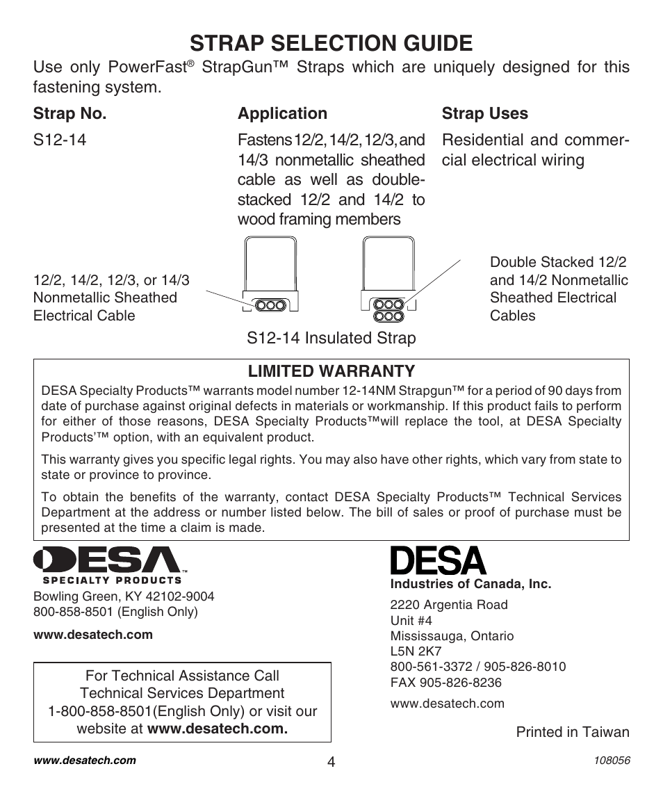 Strap selection guide | Desa 1214NM User Manual | Page 4 / 12