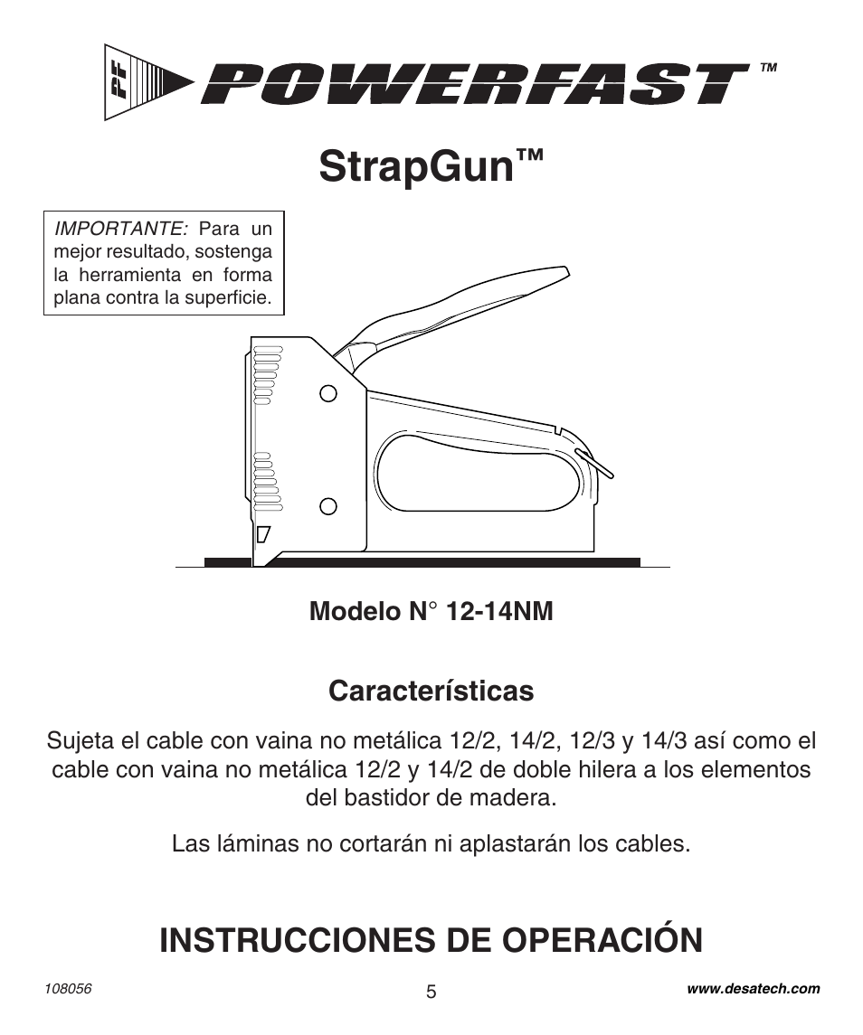 Strapgun, Instrucciones de operación, Características | Desa 1214NM User Manual | Page 5 / 12