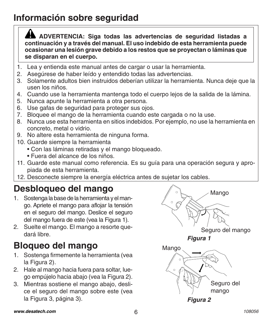 Información sobre seguridad desbloqueo del mango, Bloqueo del mango | Desa 1214NM User Manual | Page 6 / 12