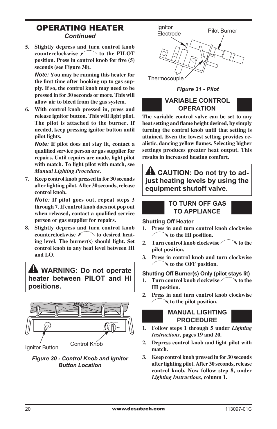 Operating heater | Desa CCL3018PTA User Manual | Page 20 / 40