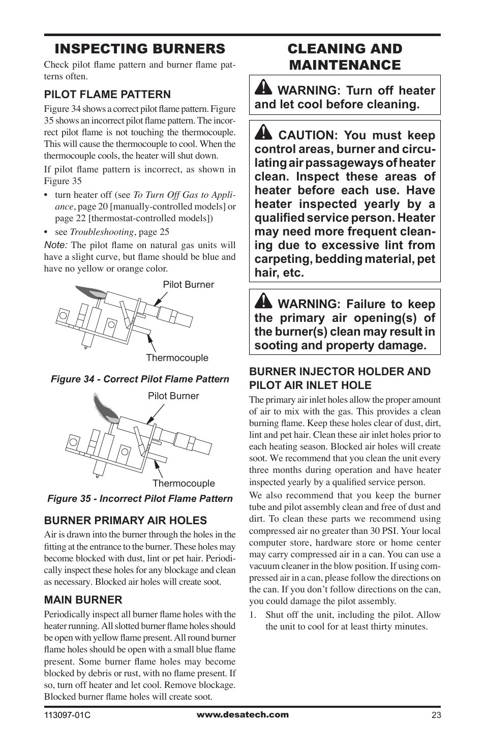 Inspecting burners, Cleaning and maintenance | Desa CCL3018PTA User Manual | Page 23 / 40