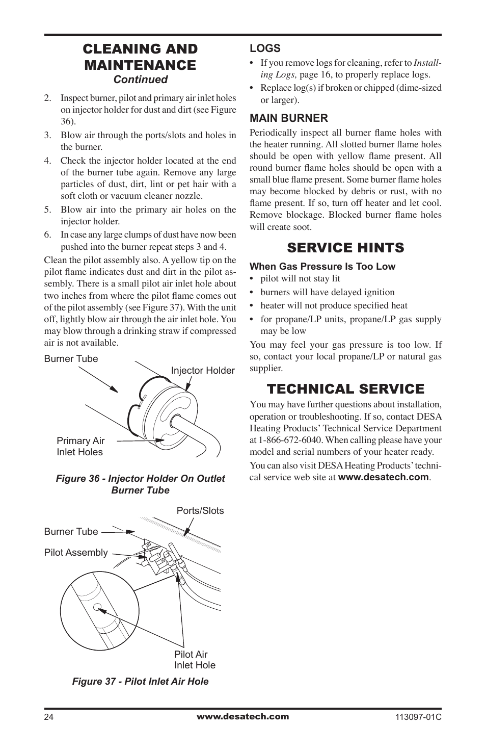 Service hints, Technical service, Cleaning and maintenance | Desa CCL3018PTA User Manual | Page 24 / 40