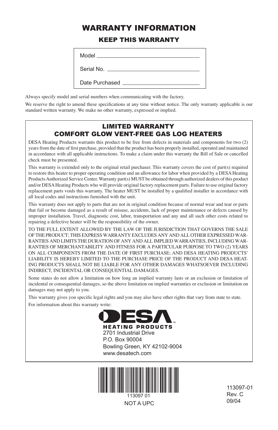 Warranty information, Keep this warranty | Desa CCL3018PTA User Manual | Page 40 / 40