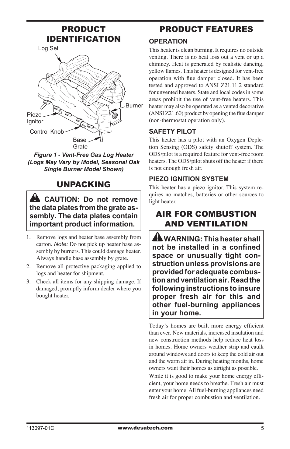 Unpacking, Product features, Air for combustion and ventilation | Product identification product features | Desa CCL3018PTA User Manual | Page 5 / 40