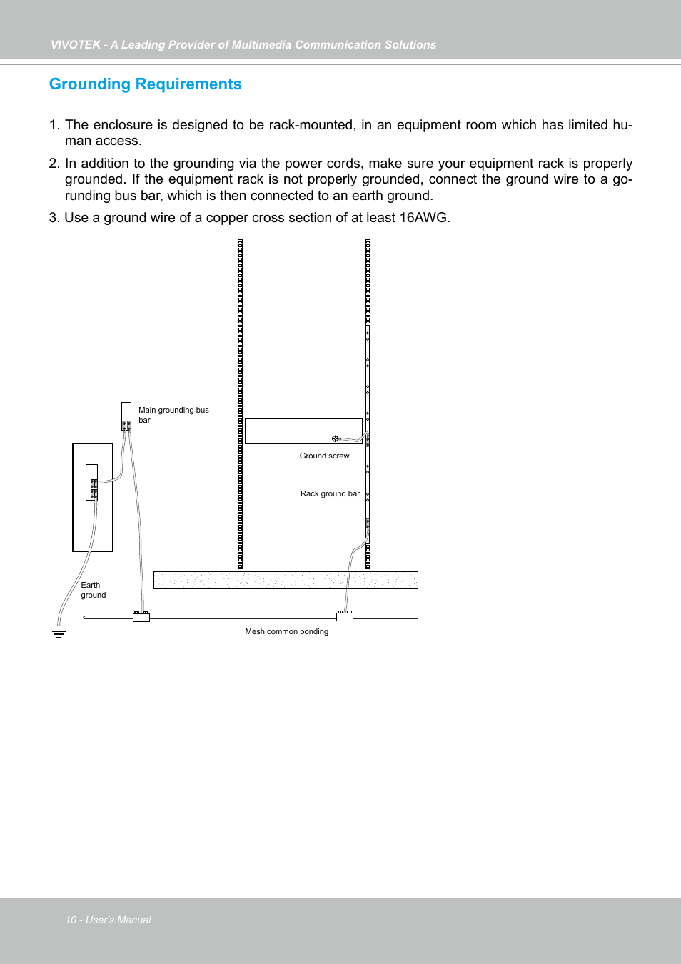 Grounding requirements | Vivotek NR9682-v2 64-Channel NVR (No HDD) User Manual | Page 10 / 296