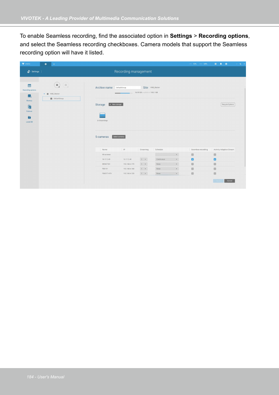 Vivotek NR9682-v2 64-Channel NVR (No HDD) User Manual | Page 184 / 296