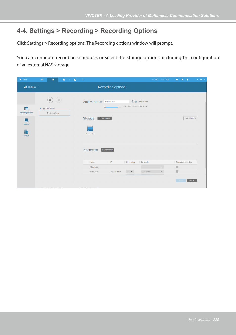 4. settings > recording > recording options | Vivotek NR9682-v2 64-Channel NVR (No HDD) User Manual | Page 225 / 296