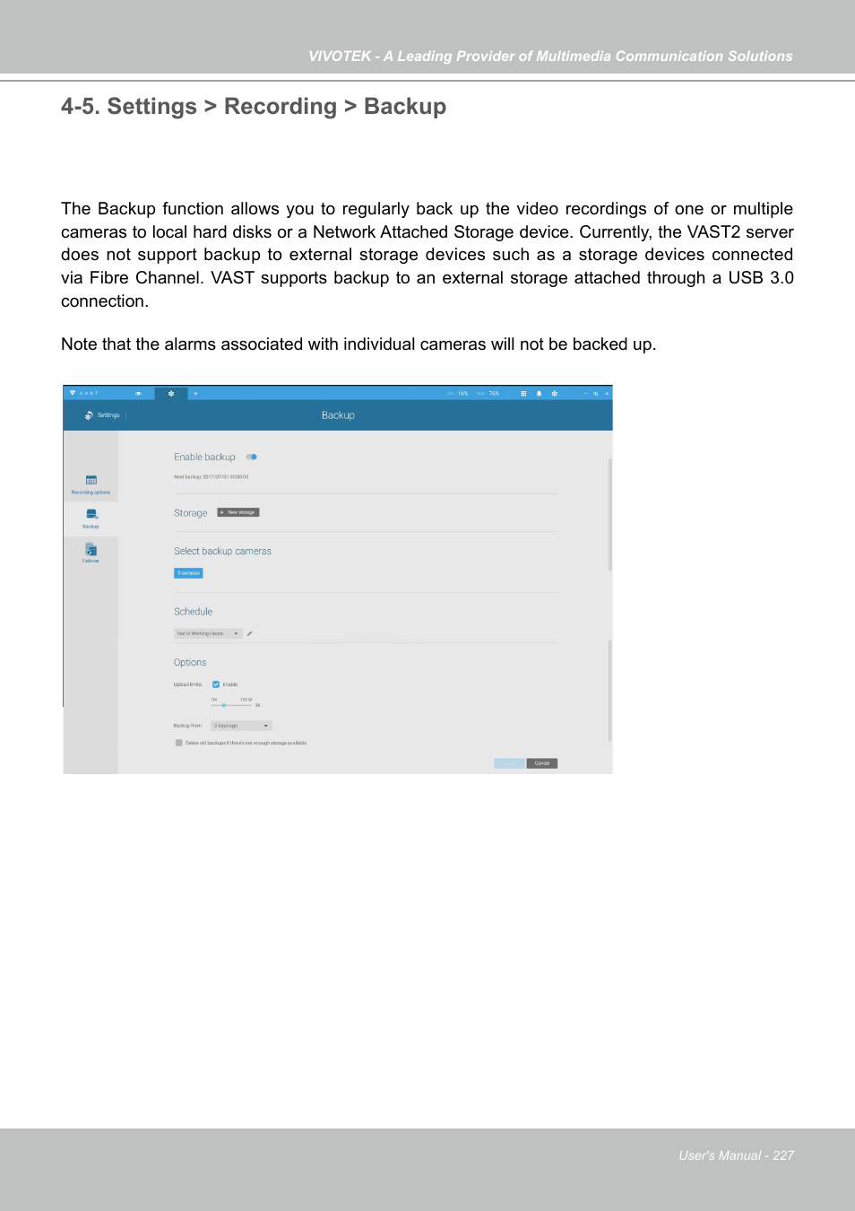 5. settings > recording > backup | Vivotek NR9682-v2 64-Channel NVR (No HDD) User Manual | Page 227 / 296