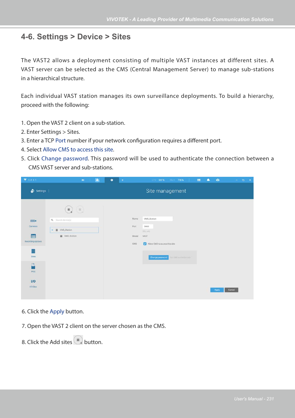 6. settings > device > sites | Vivotek NR9682-v2 64-Channel NVR (No HDD) User Manual | Page 231 / 296