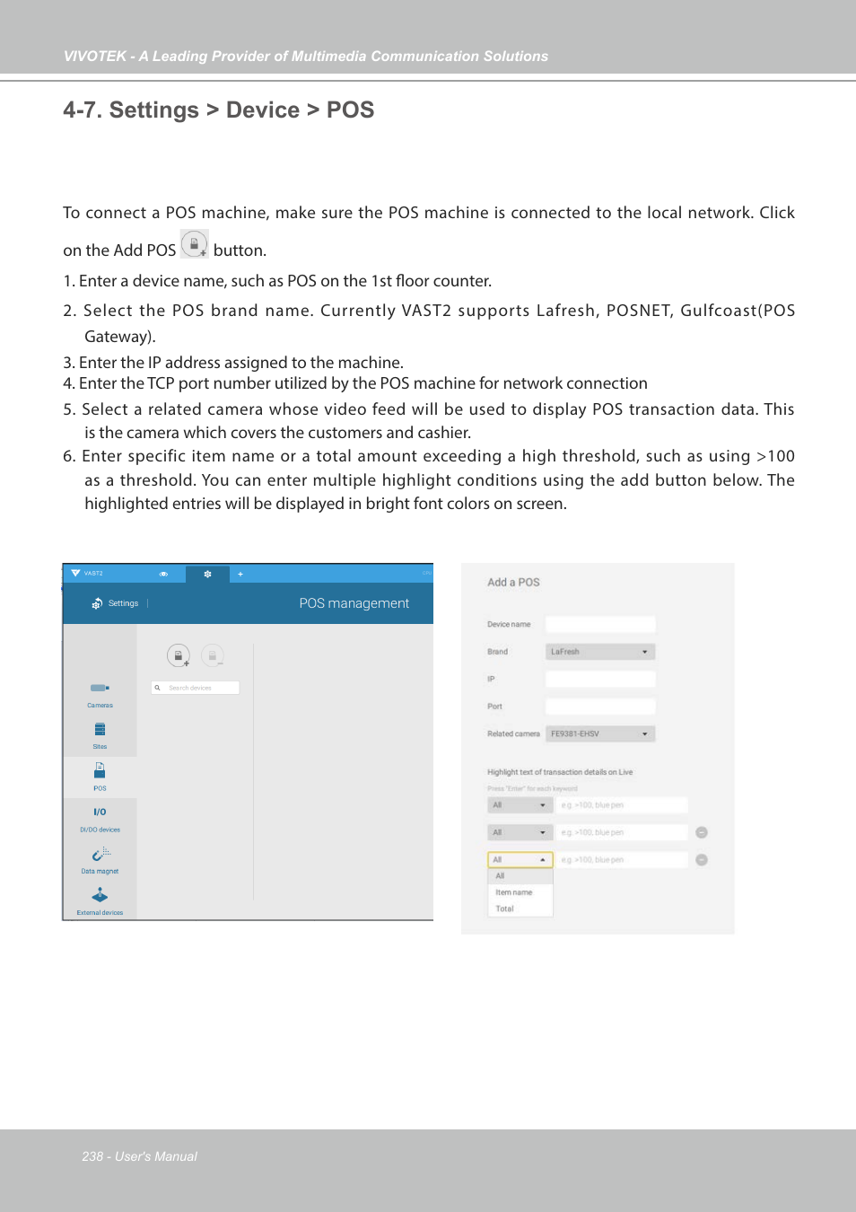 7. settings > device > pos | Vivotek NR9682-v2 64-Channel NVR (No HDD) User Manual | Page 238 / 296