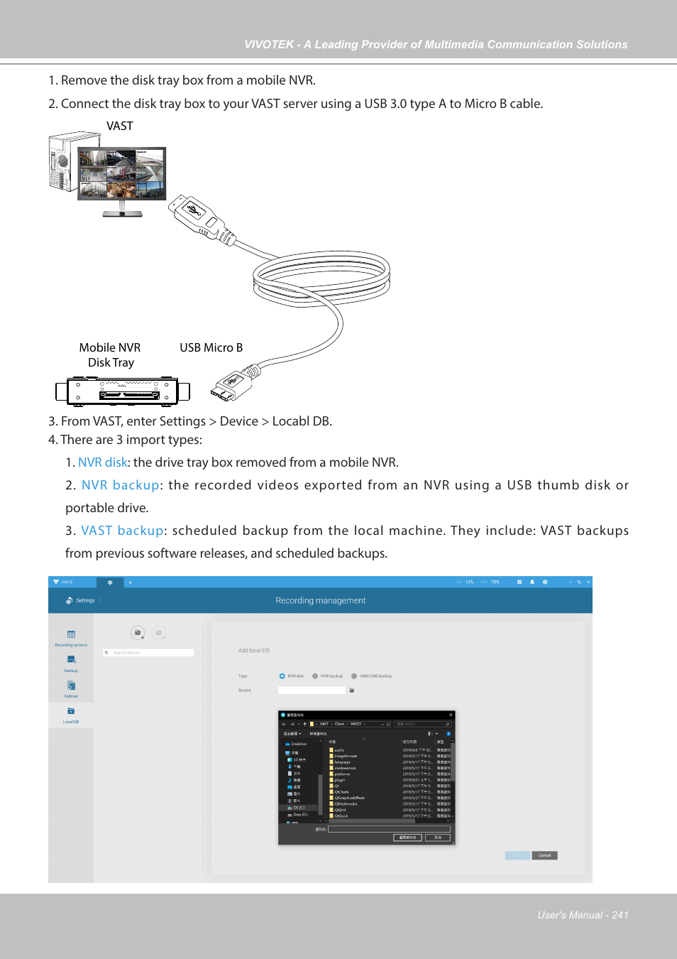 Vast usb micro b mobile nvr disk tray | Vivotek NR9682-v2 64-Channel NVR (No HDD) User Manual | Page 241 / 296