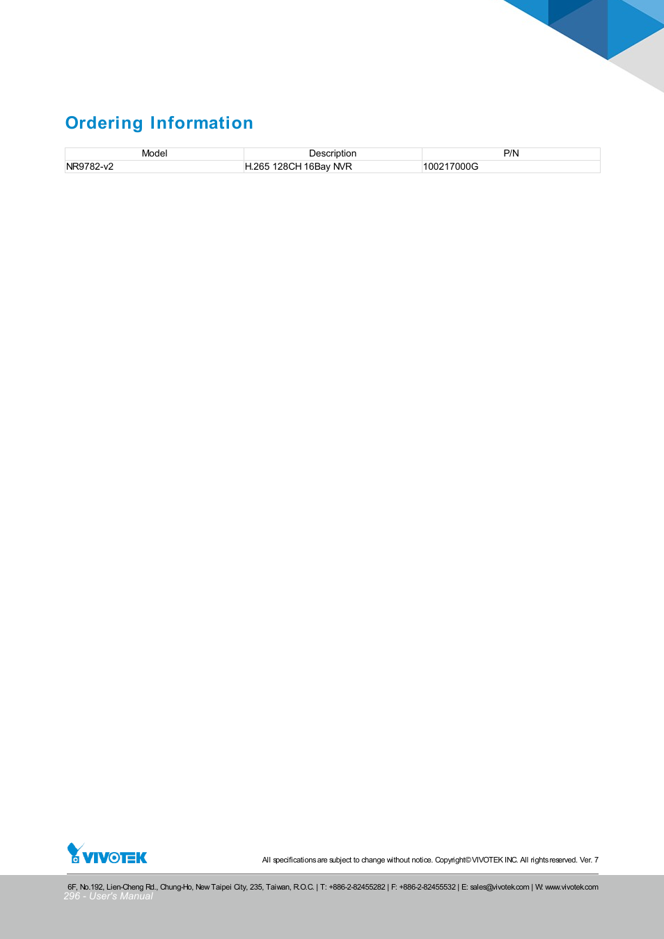 Ordering information | Vivotek NR9682-v2 64-Channel NVR (No HDD) User Manual | Page 296 / 296