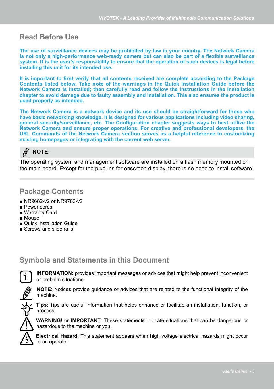 Symbols and statements in this document, Read before use, Package contents | Vivotek NR9682-v2 64-Channel NVR (No HDD) User Manual | Page 5 / 296